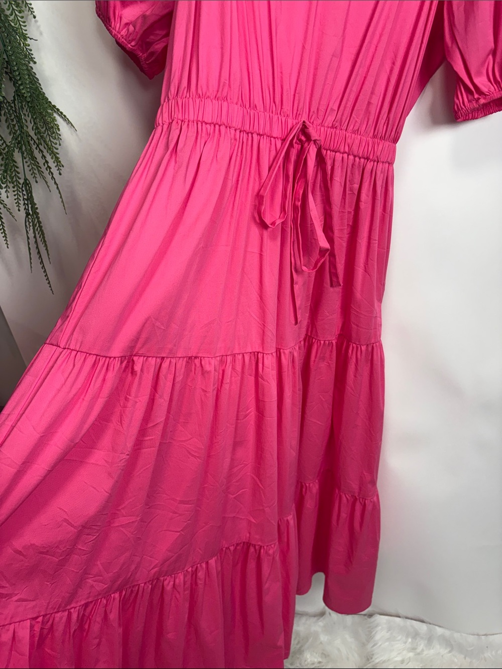 Anne Klein Hot Pink Tiered Maxi Dress with Puff Sleeves - Picture 6 of 14
